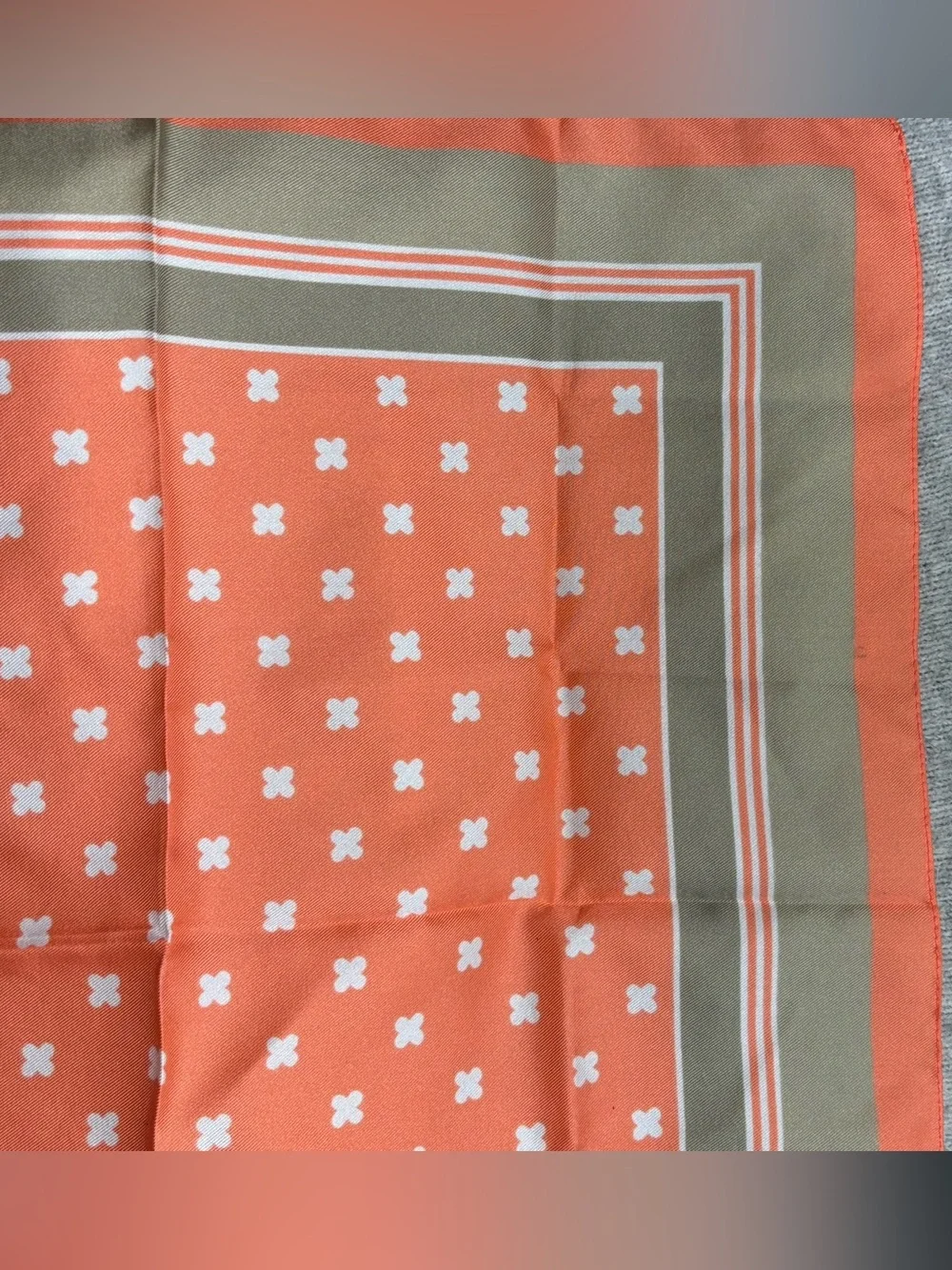 VINTAGE Orange & Tan Square Scarf, Italy, clover motif, est 70s, 80s, 90s